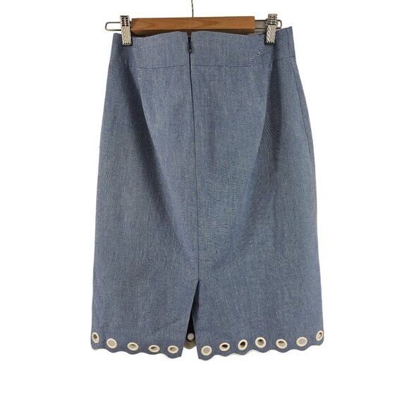 J.Crew 100% Cotton‎ Chambray Scalloped Hem Grommet Bottom Pencil Skirt 8 - Picture 4 of 9